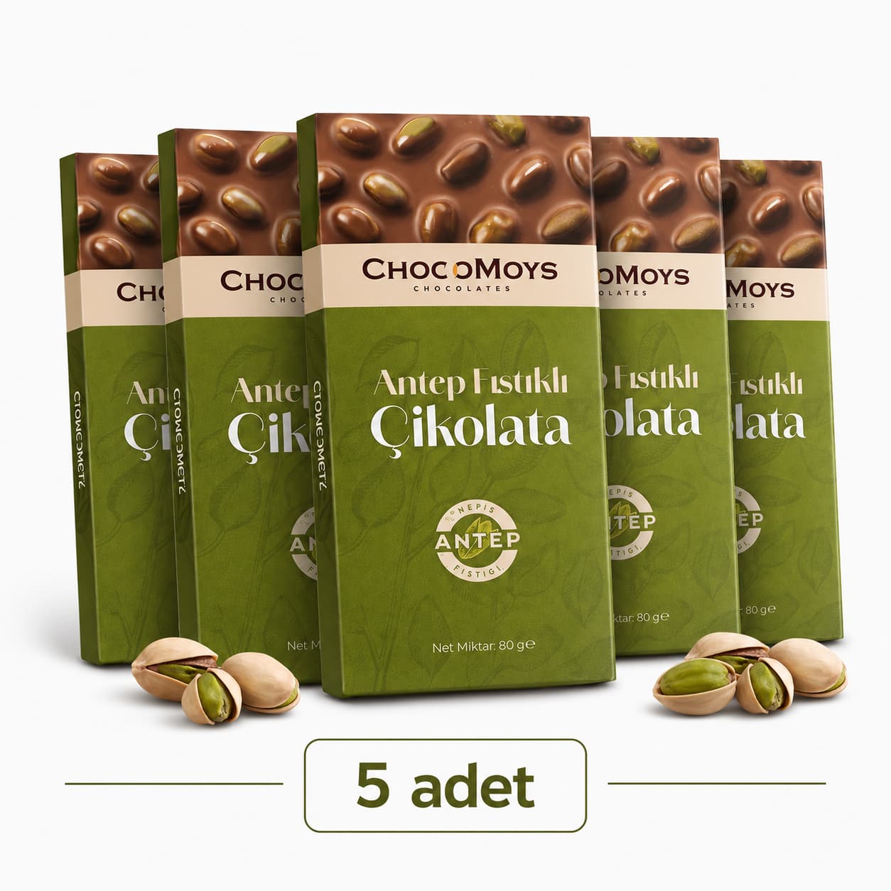 Antep Fıstıklı Tablet Çikolata (5 Adet) – %40 Kakao, Gerçek Antep Fıstıklı | 5 × 80g