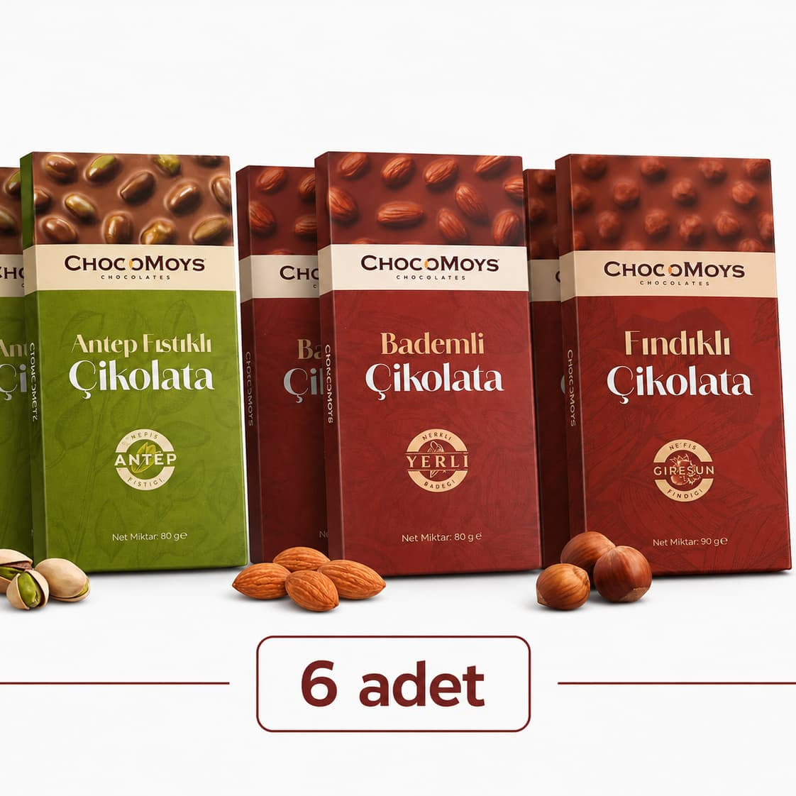 Karışık Tablet Çikolata 6'lı Paket – %40 Kakao | 2 Fındıklı • 2 Bademli • 2 Antep Fıstıklı