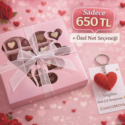Sevgililer Günü’ne Özel – 16 Parça El Yapımı Çikolata Koleksiyonu & El Yapımı Kalpli Anahtarlık